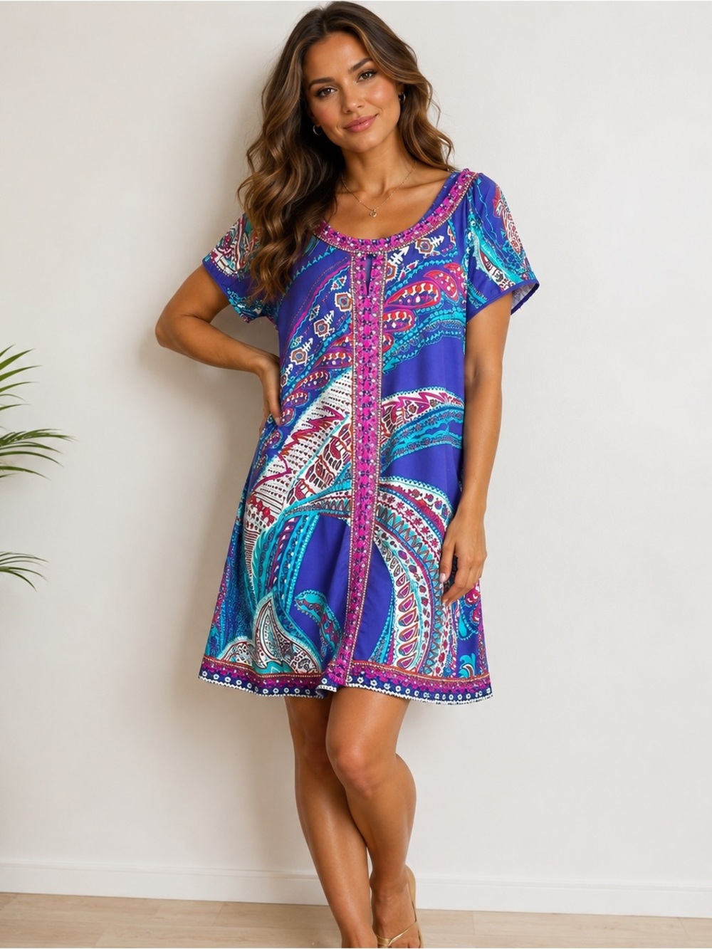Boho Paisley Tunic Dress Sz 12 Purple Beaded Collar Festival Beach Farm Rioish